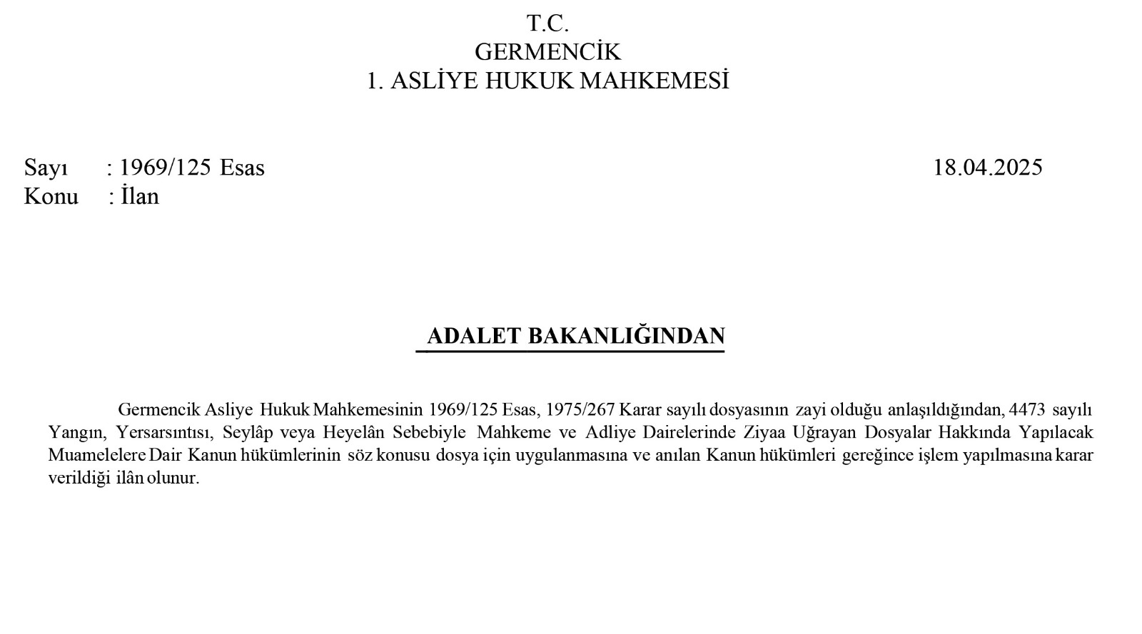 1969/125 Esas sayılı ilan